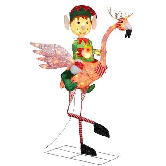 42&#x27;&#x27; Pre-Lit Flamingo with Boy Elf Outdoor D&#xE9;cor